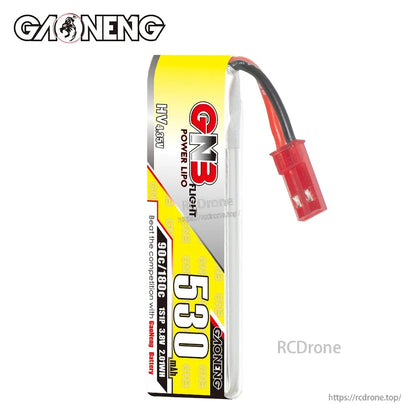 GNB 530mAh 1S LiHV battery upright side view with red JST connector and slim cell profile