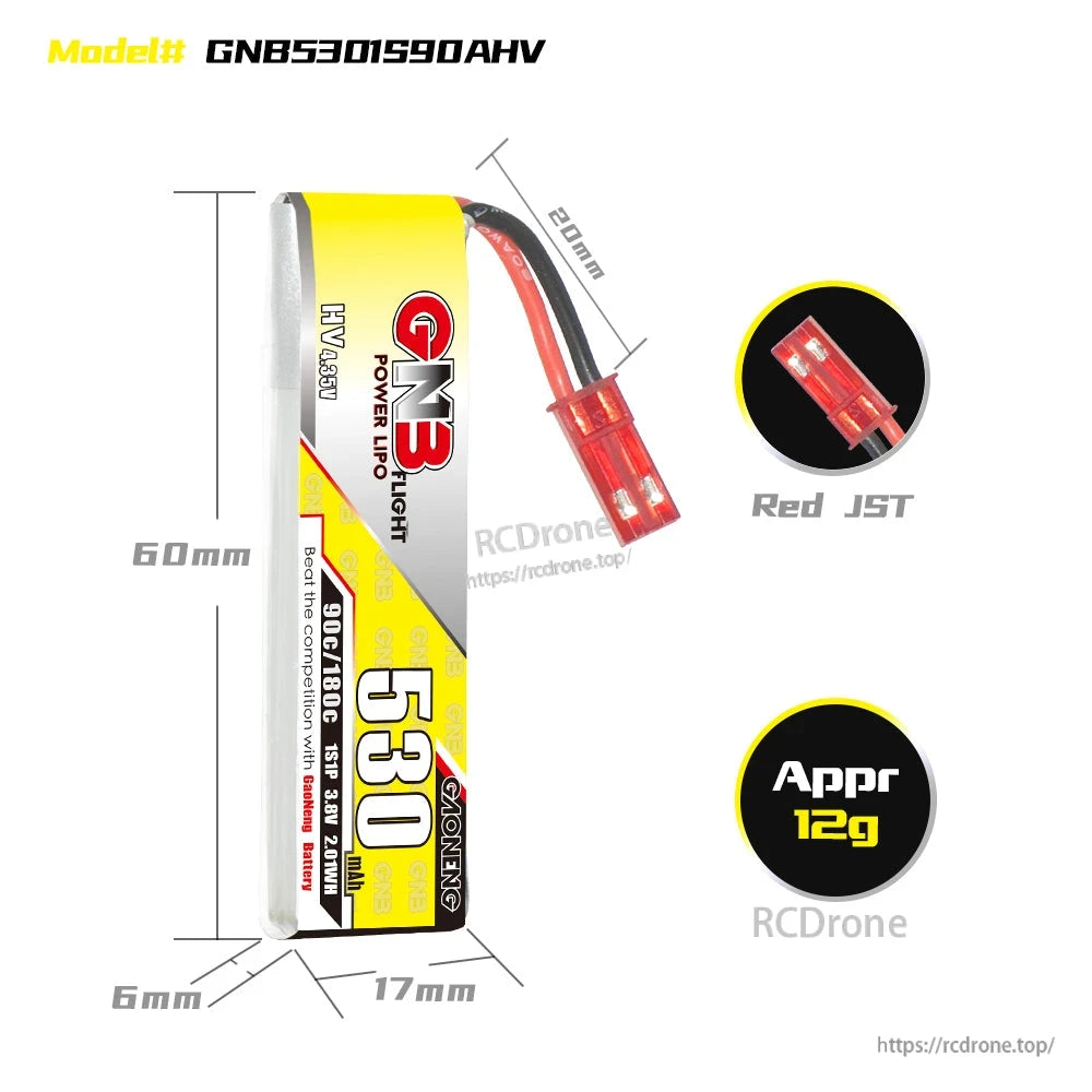 GNB 530mAh 1S LiHV battery side profile with dimensions, red JST plug, and approximate 12g weight