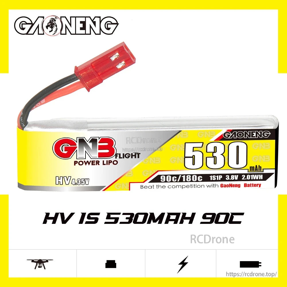 GNB 530mAh 1S LiHV battery front label graphic with red JST lead and product specs shown