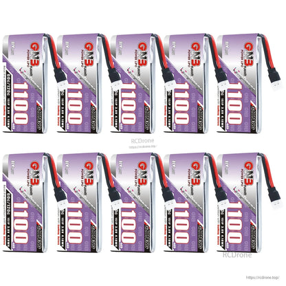 Ten-pack set of GNB 1100mAh 1S HV batteries displayed in two rows on white background