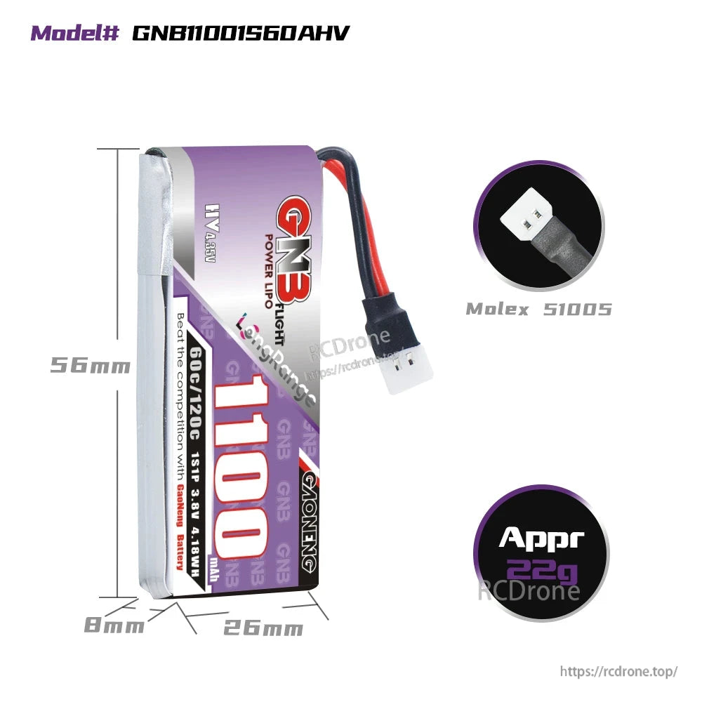 Battery dimensions diagram with connector close-up, model GNB11001S60AHV and approx 22g weight callout