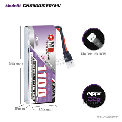 Battery dimensions diagram with connector close-up, model GNB11001S60AHV and approx 22g weight callout