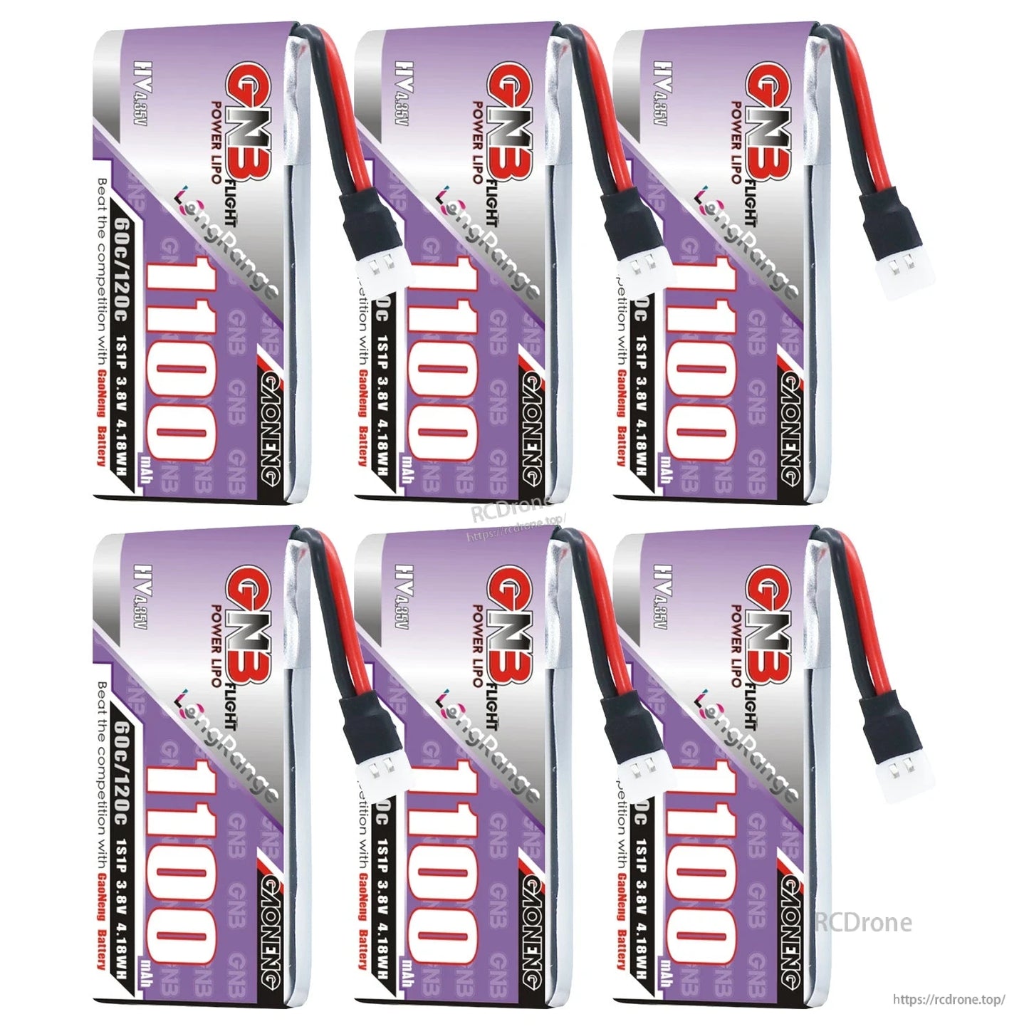 Six-pack set of GNB 1100mAh 1S HV batteries displayed in a grid