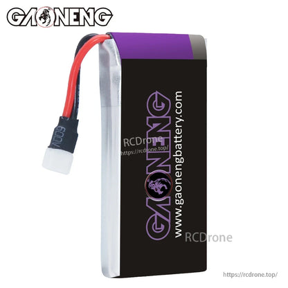Side profile of GAONENG battery showing black wrap with gaonengbattery.com text and connector lead