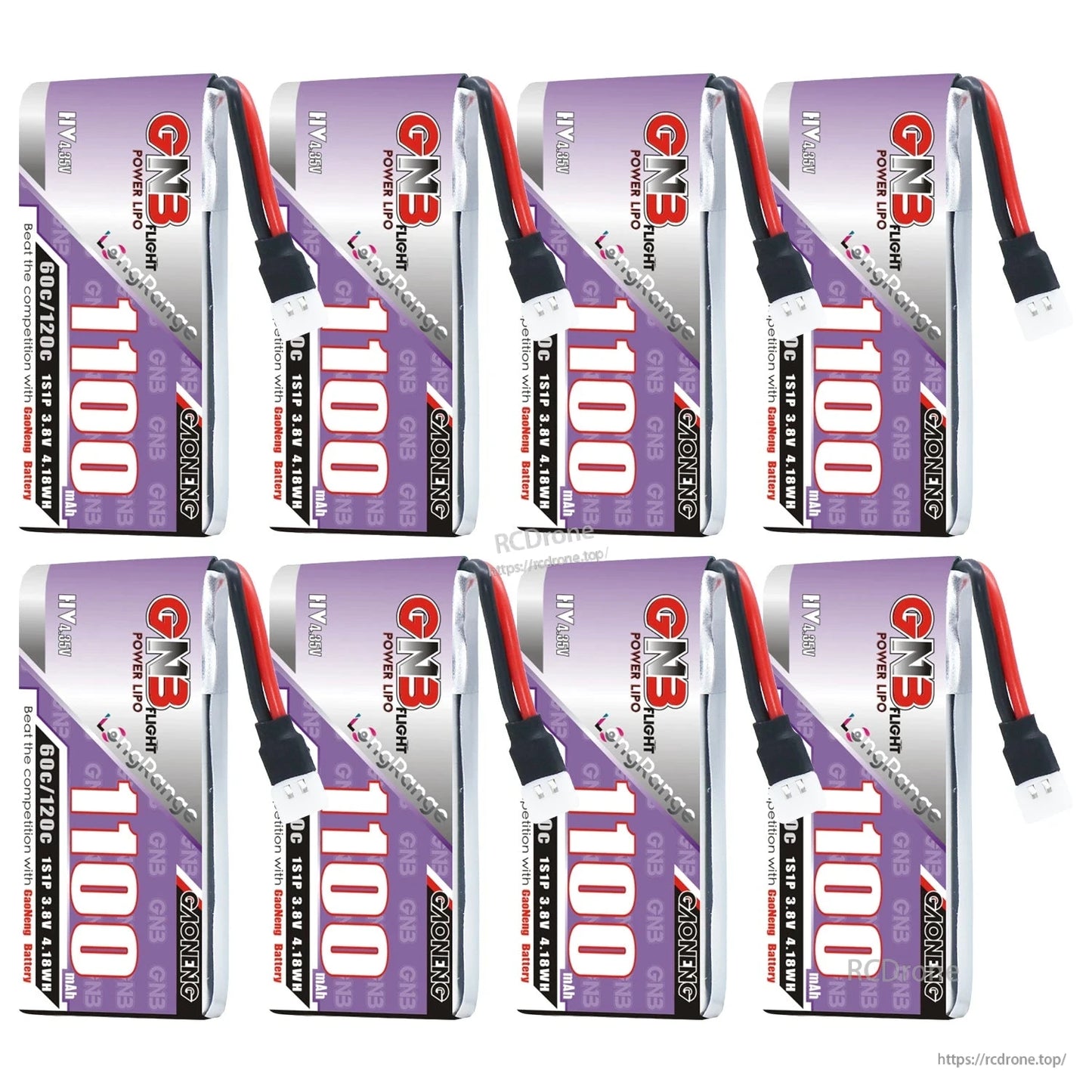 Eight-pack set of GNB 1100mAh 1S HV batteries displayed in two rows