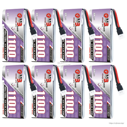 Eight-pack set of GNB 1100mAh 1S HV batteries displayed in two rows