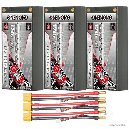 Three-pack bundle: three GNB 8000mAh 1S hard case batteries with three sets of yellow plug leads