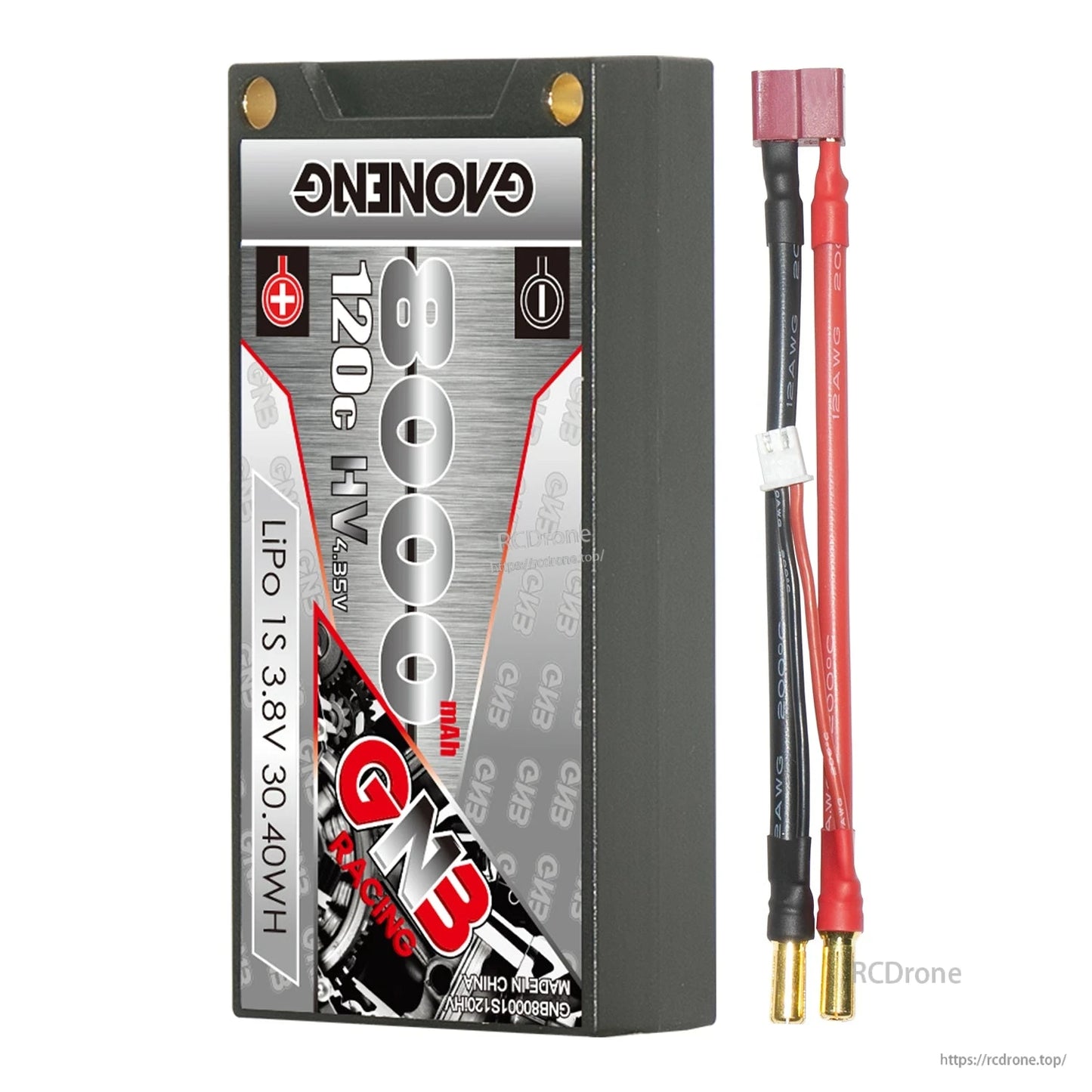 GNB 8000mAh 1S hard case battery with red plug lead and 5mm bullet connectors