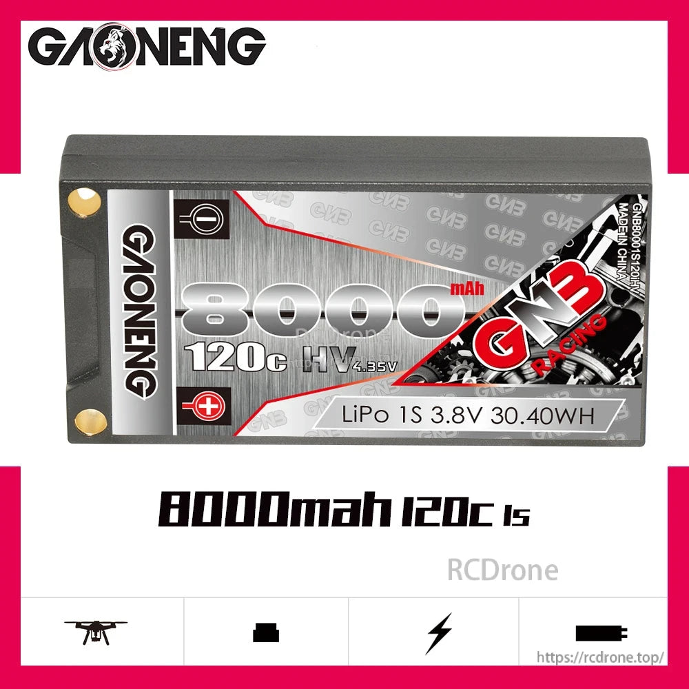 GAONENG GNB 8000mAh 120C 1S LiHV battery graphic showing LiPo 1S 3.8V and 30.40Wh label