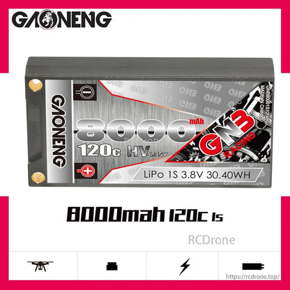 GAONENG GNB 8000mAh 120C 1S LiHV battery graphic showing LiPo 1S 3.8V and 30.40Wh label