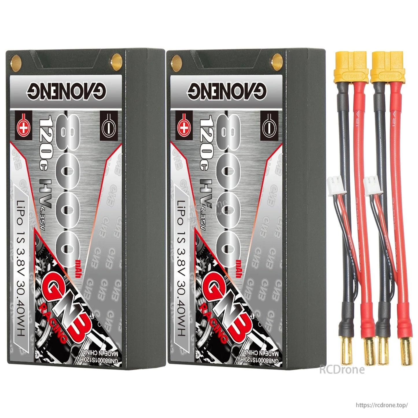 Two-pack bundle: two GNB 8000mAh 1S LiHV hard case batteries with yellow plug leads and 5mm bullets