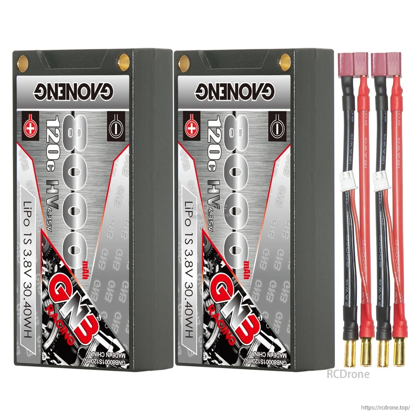 Two-pack bundle with red plug leads: two GNB 8000mAh 1S hard case batteries and two lead sets