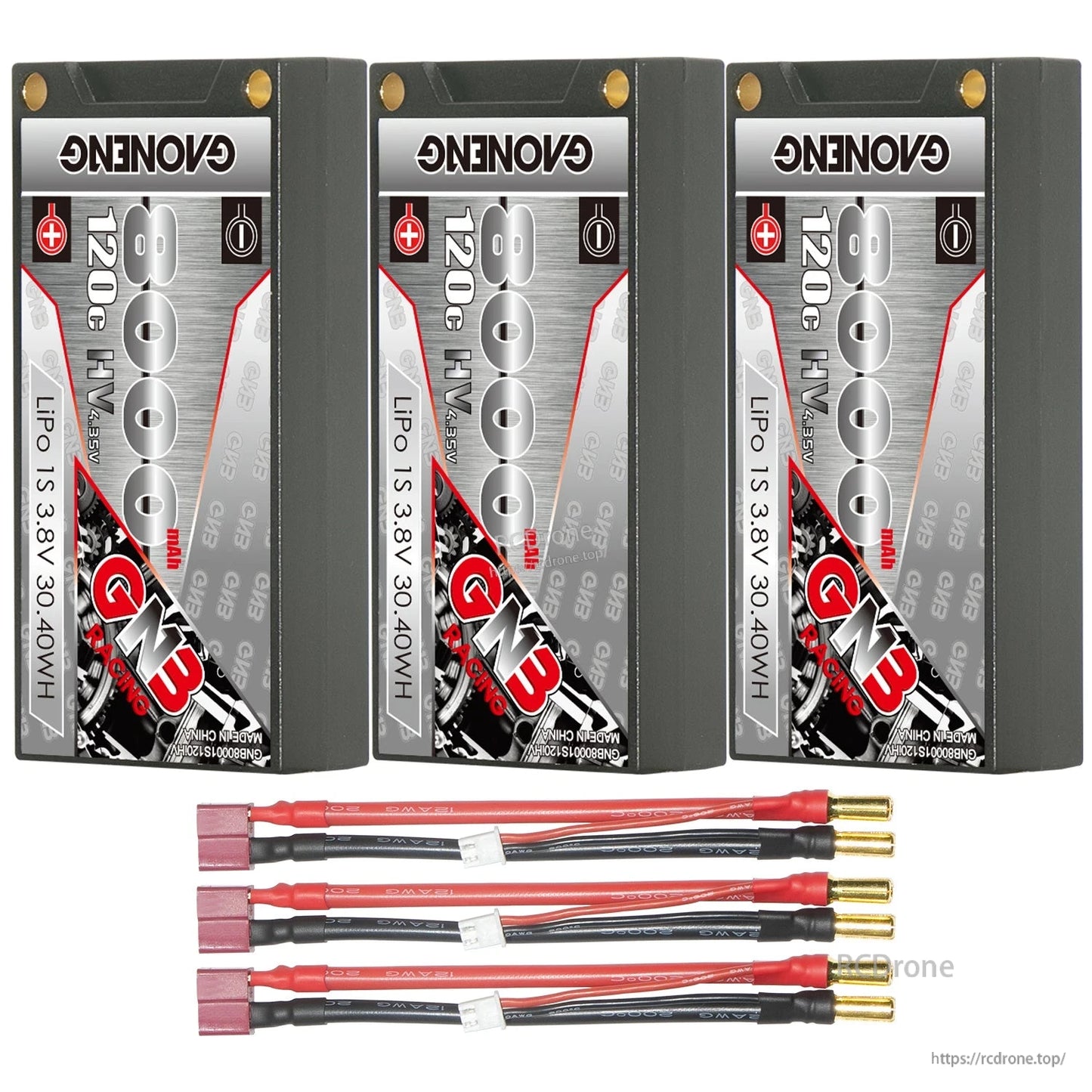 Three-pack bundle with red plug leads: three GNB 8000mAh 1S hard case batteries and three lead sets