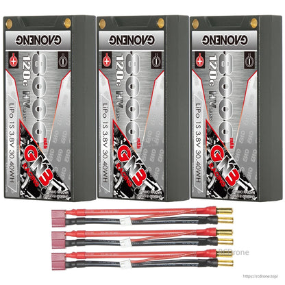 Three-pack bundle with red plug leads: three GNB 8000mAh 1S hard case batteries and three lead sets