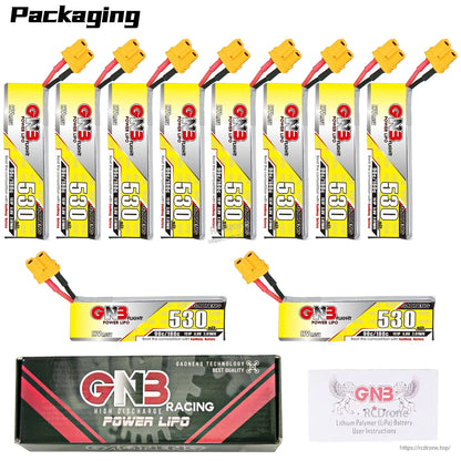 Packaging set with ten GNB 530mAh 1S LiHV batteries (8 upright, 2 horizontal) plus box and manual