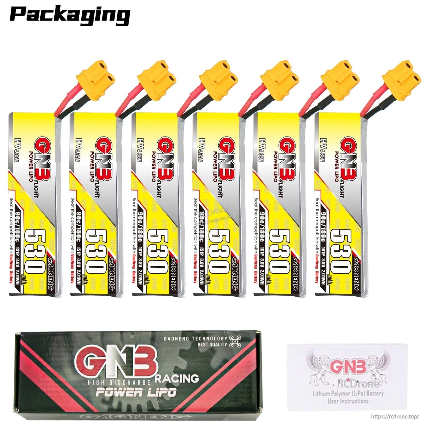 Packaging set with 6 GNB 530mAh 1S LiHV batteries plus GNB Racing Power LiPo box and manual