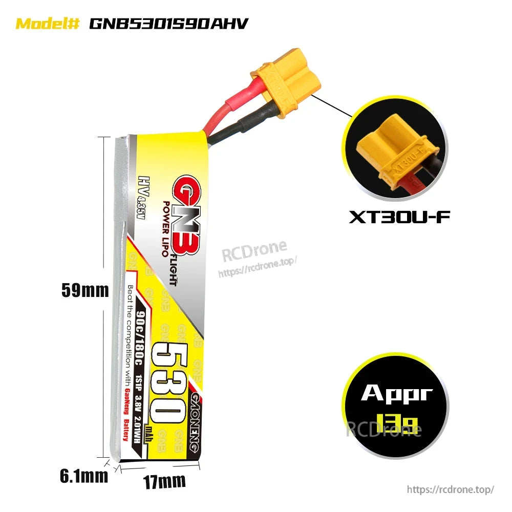 GAONENG GNB 1S LiHV LiPo Battery dimensions 59mm x 17mm x 6.1mm with XT30U-F plug close-up