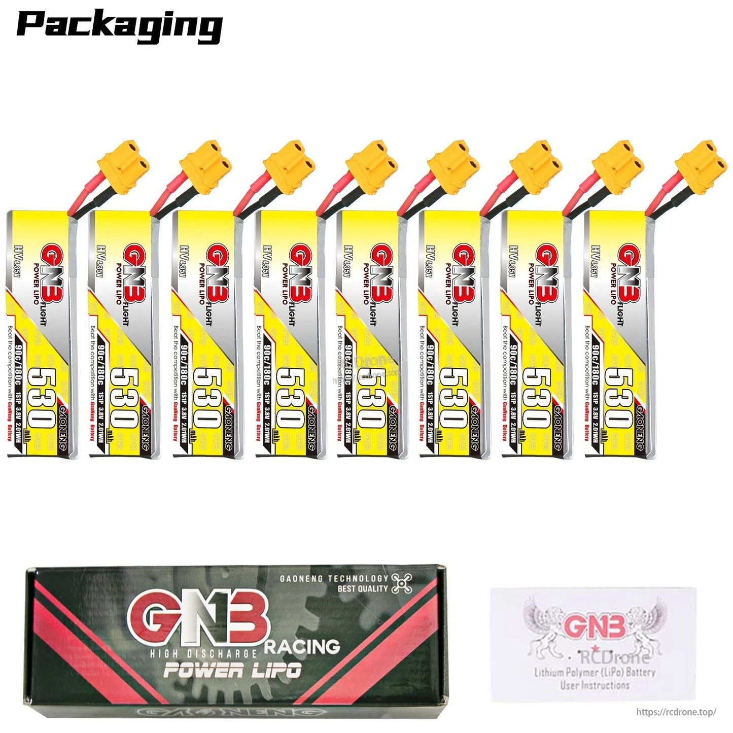 Packaging set with 8 GNB 530mAh 1S LiHV batteries with retail box and instruction leaflet