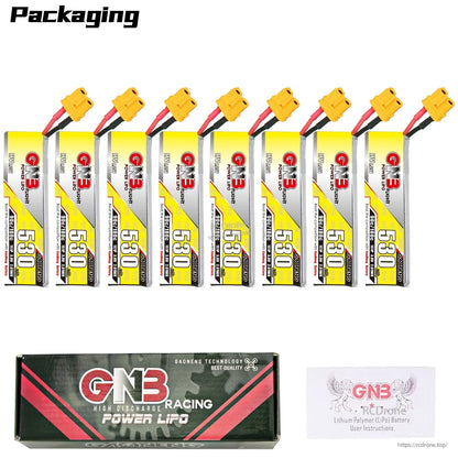 Packaging set with 8 GNB 530mAh 1S LiHV batteries with retail box and instruction leaflet