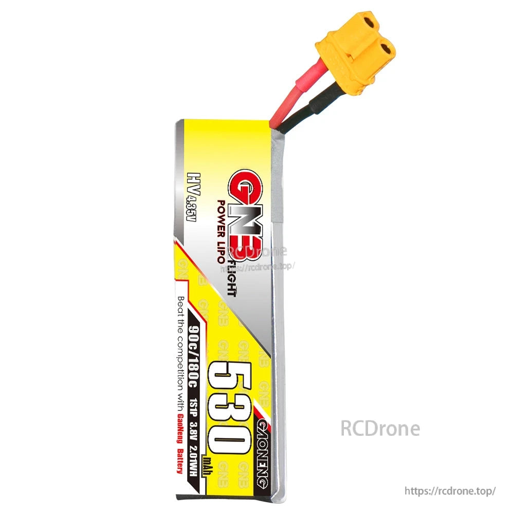 Side profile of GNB 530mAh LiHV 1S battery showing thickness and wire exit at top