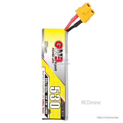 Side profile of GNB 530mAh LiHV 1S battery showing thickness and wire exit at top