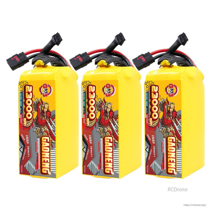 Three GAONENG 23000mAh battery packs grouped together, upright with leads visible