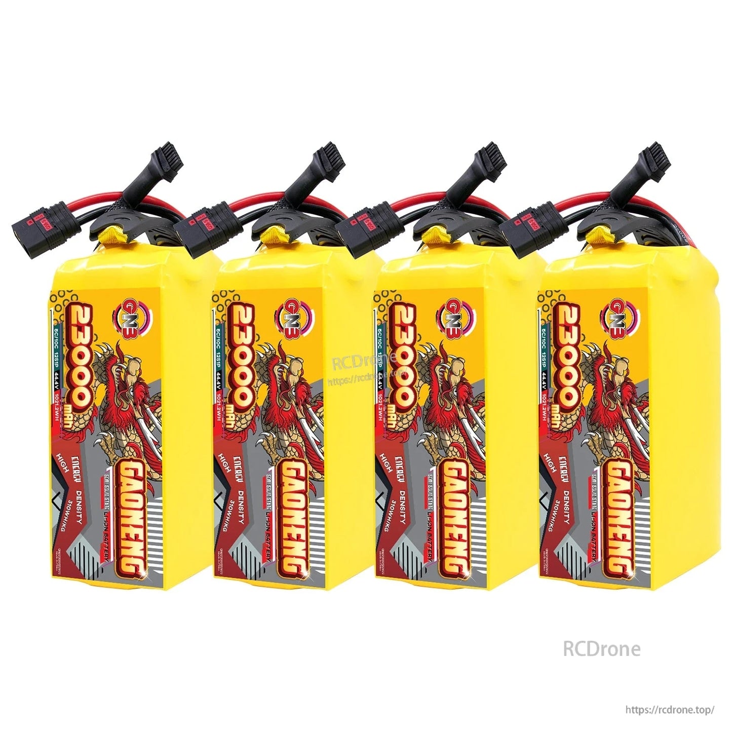 Four GAONENG 23000mAh battery packs grouped together, upright with connectors on top