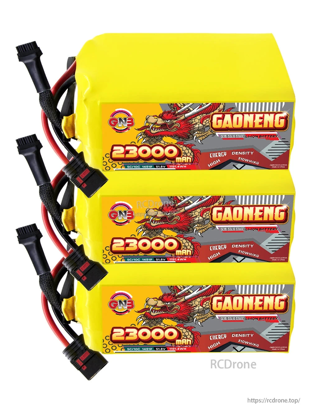 Three GAONENG 23000mAh battery packs stacked horizontally with connectors and balance leads visible