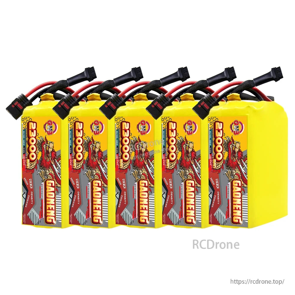 Five GAONENG 23000mAh battery packs in a row, front label view with discharge and balance leads