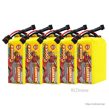 Five GAONENG 23000mAh battery packs in a row, front label view with discharge and balance leads