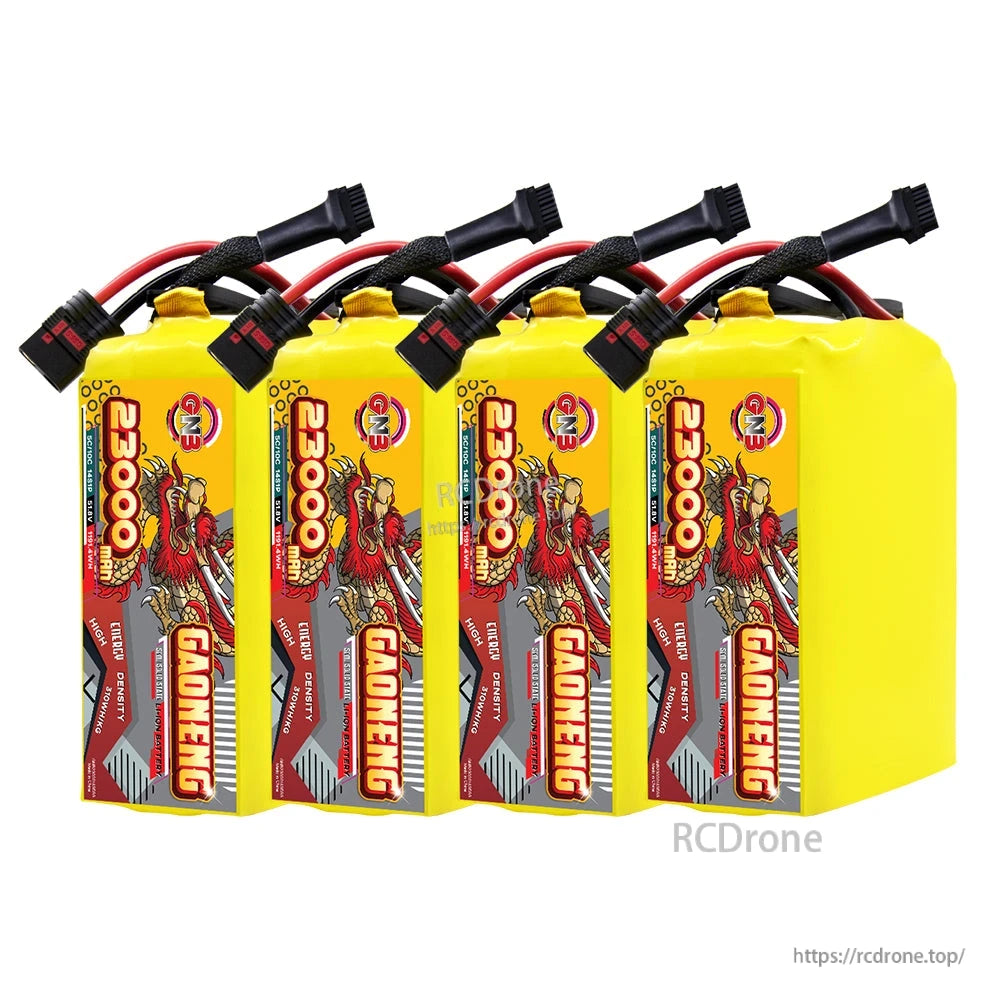 Four GAONENG 23000mAh yellow battery packs lined up, showing front labels and cable leads