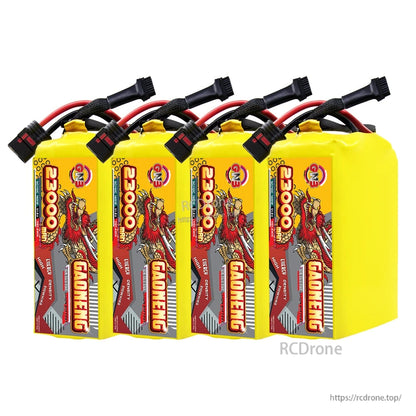 Four GAONENG 23000mAh yellow battery packs lined up, showing front labels and cable leads