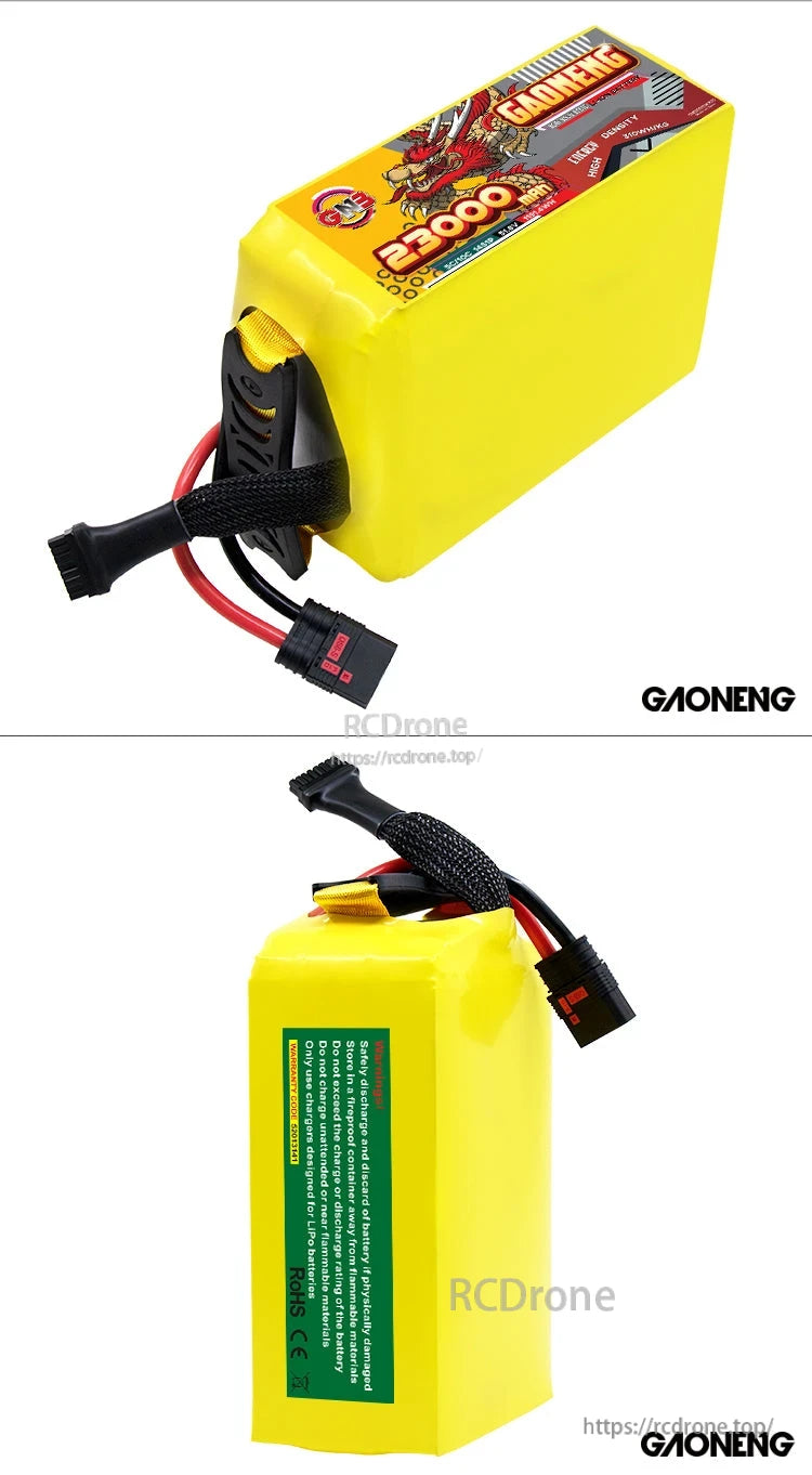 Two-view collage showing front label side and rear green label side of the battery pack