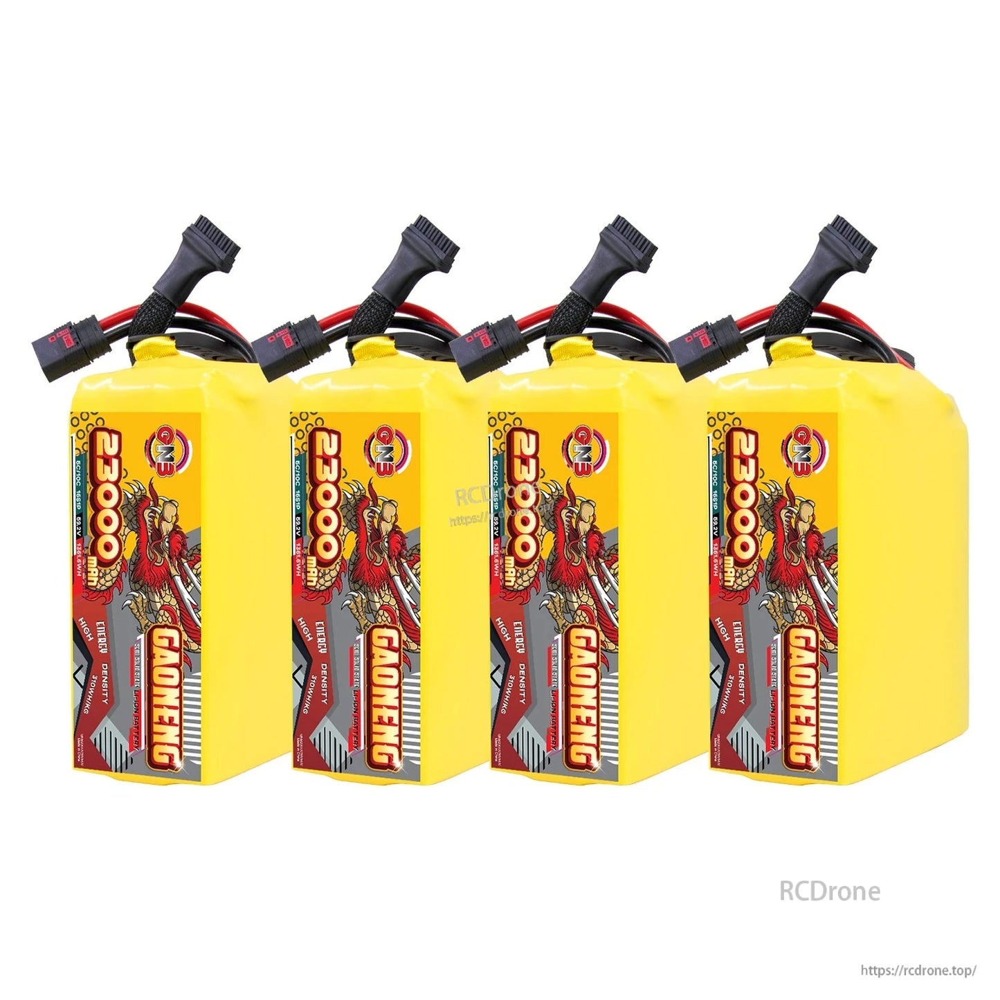 Four GAONENG 23000 battery packs arranged in a row, showing identical labels and wiring leads