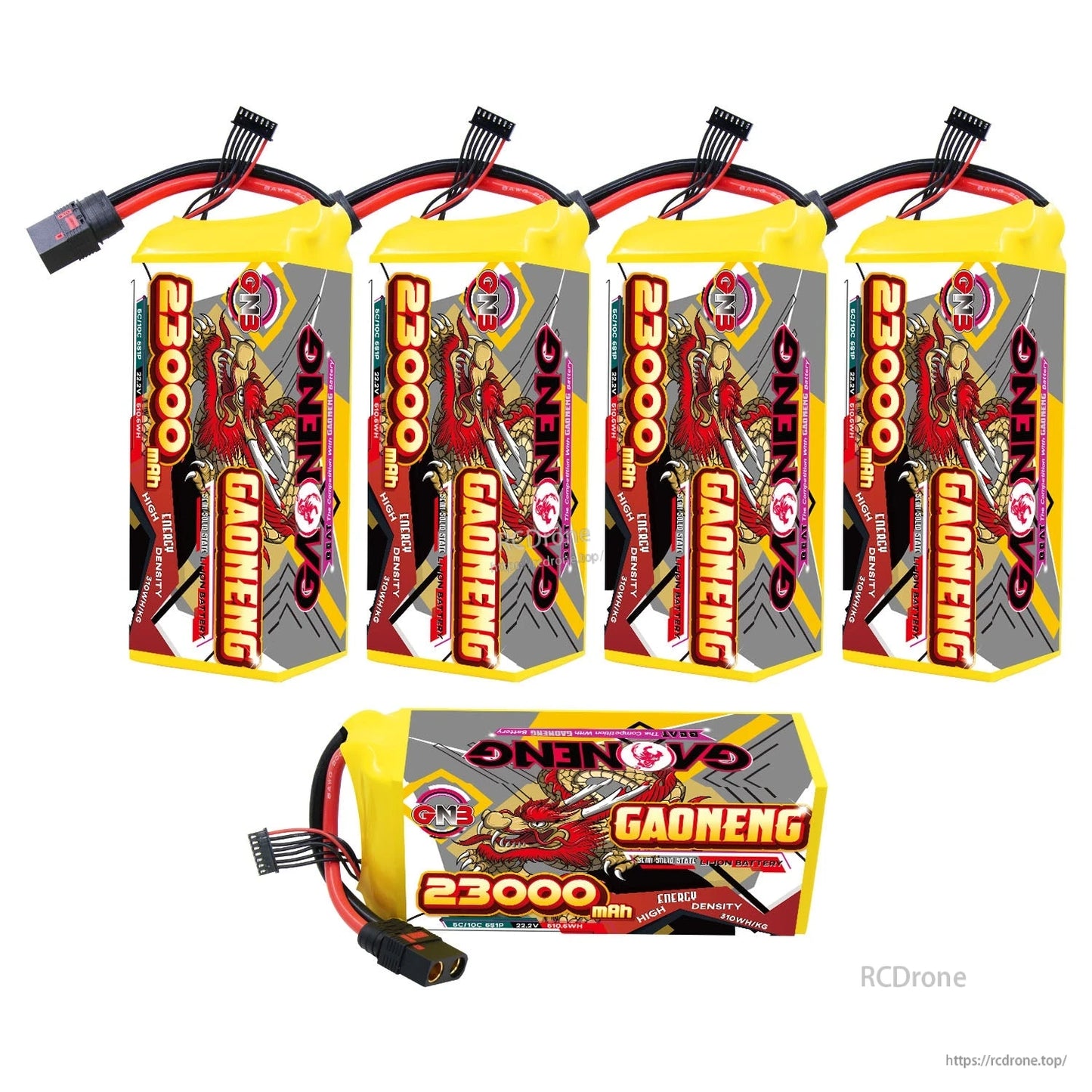 GAONENG GNB 23000mAh 6S battery set with four upright packs and one horizontal pack