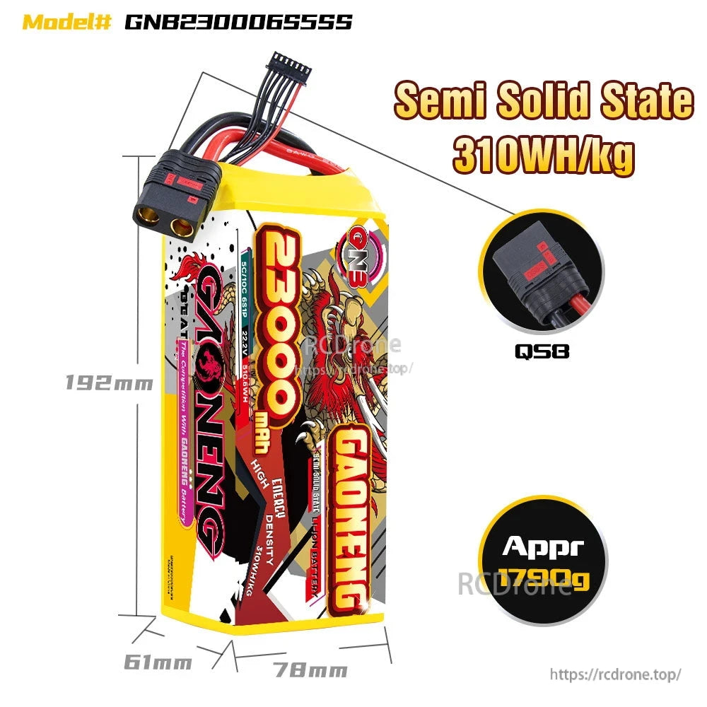 Side view of the GAONENG GNB 23000mAh 6S battery with QS8-S connector and weight callout