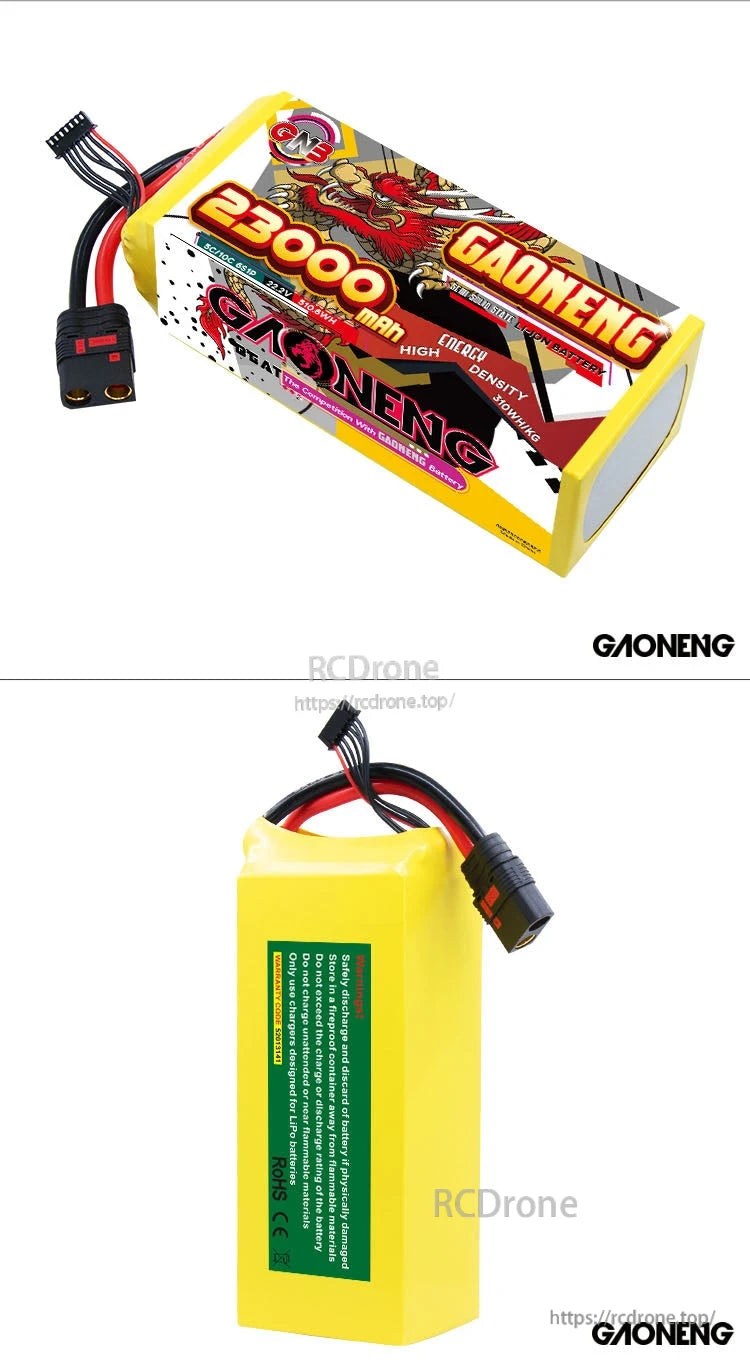 Front and rear views of the GAONENG GNB 23000mAh 6S battery shown together