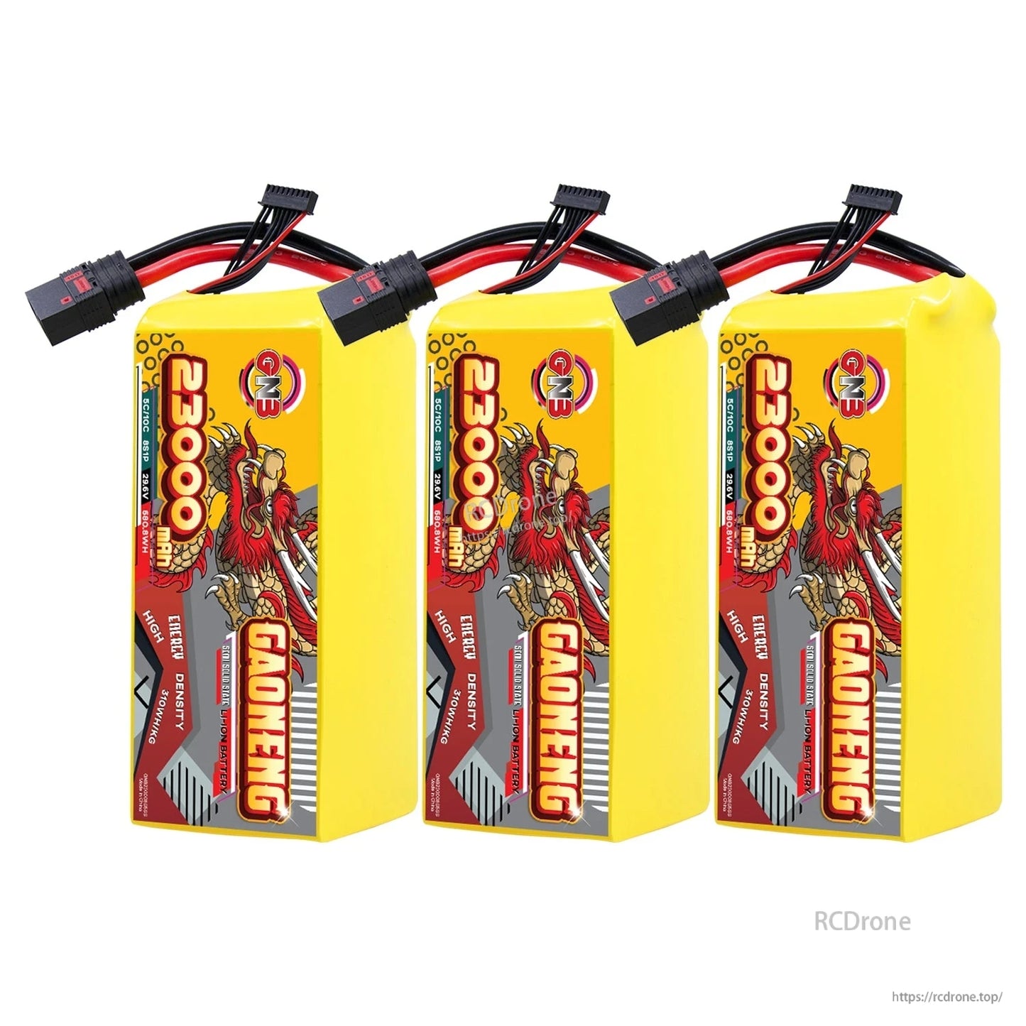Three GAONENG 23000mAh battery packs lined up, each with QS8 discharge plug and balance lead