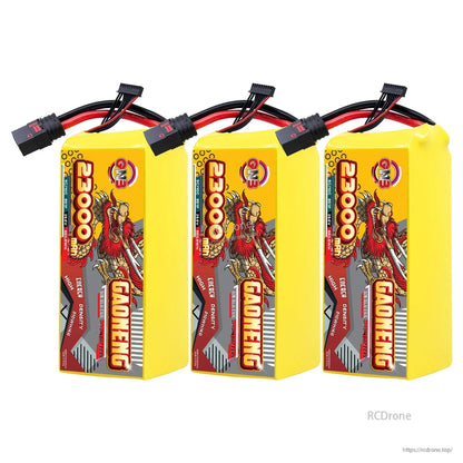 Three GAONENG 23000mAh battery packs lined up, each with QS8 discharge plug and balance lead