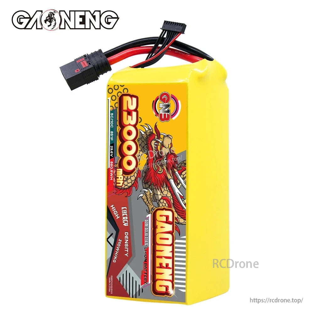 Upright front view of GAONENG GNB 23000mAh pack showing label artwork and top lead exit
