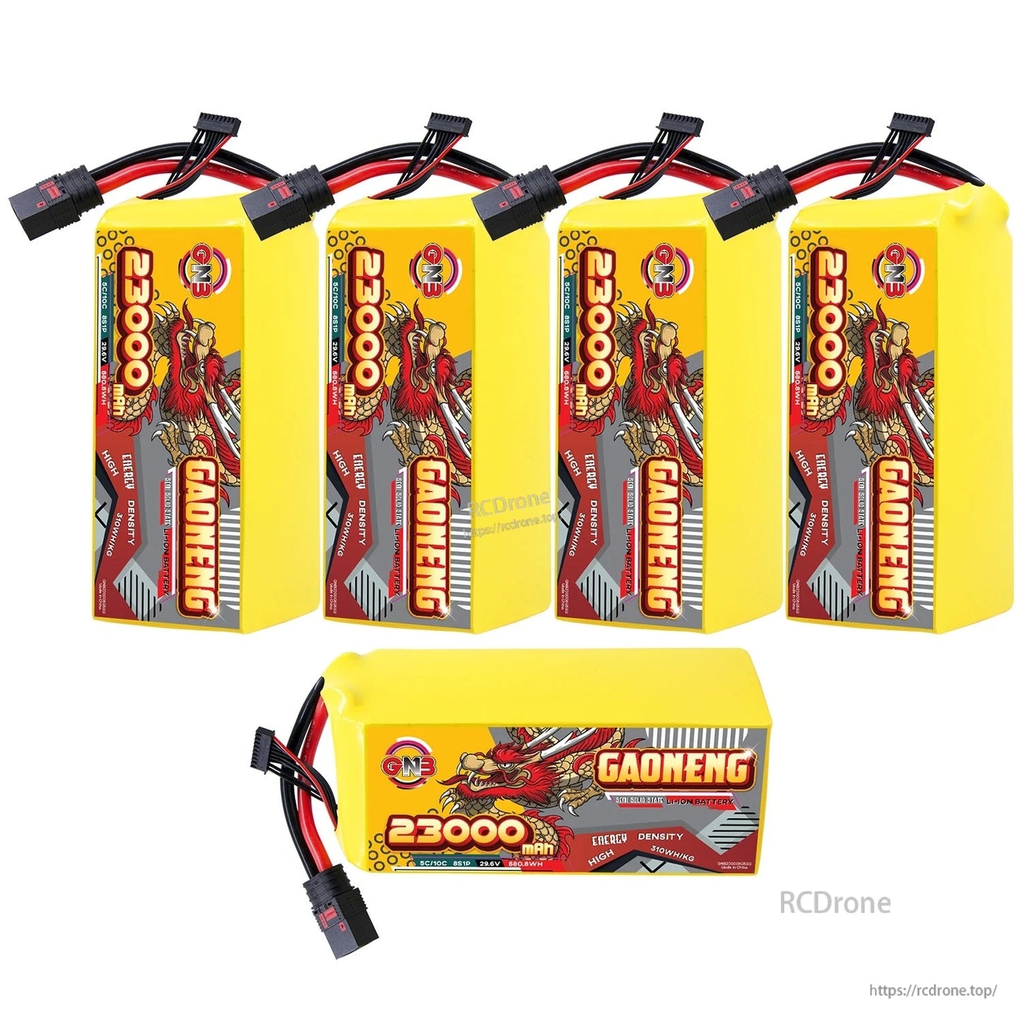 Five-pack display: four upright GAONENG 23000mAh batteries plus one horizontal pack shown below