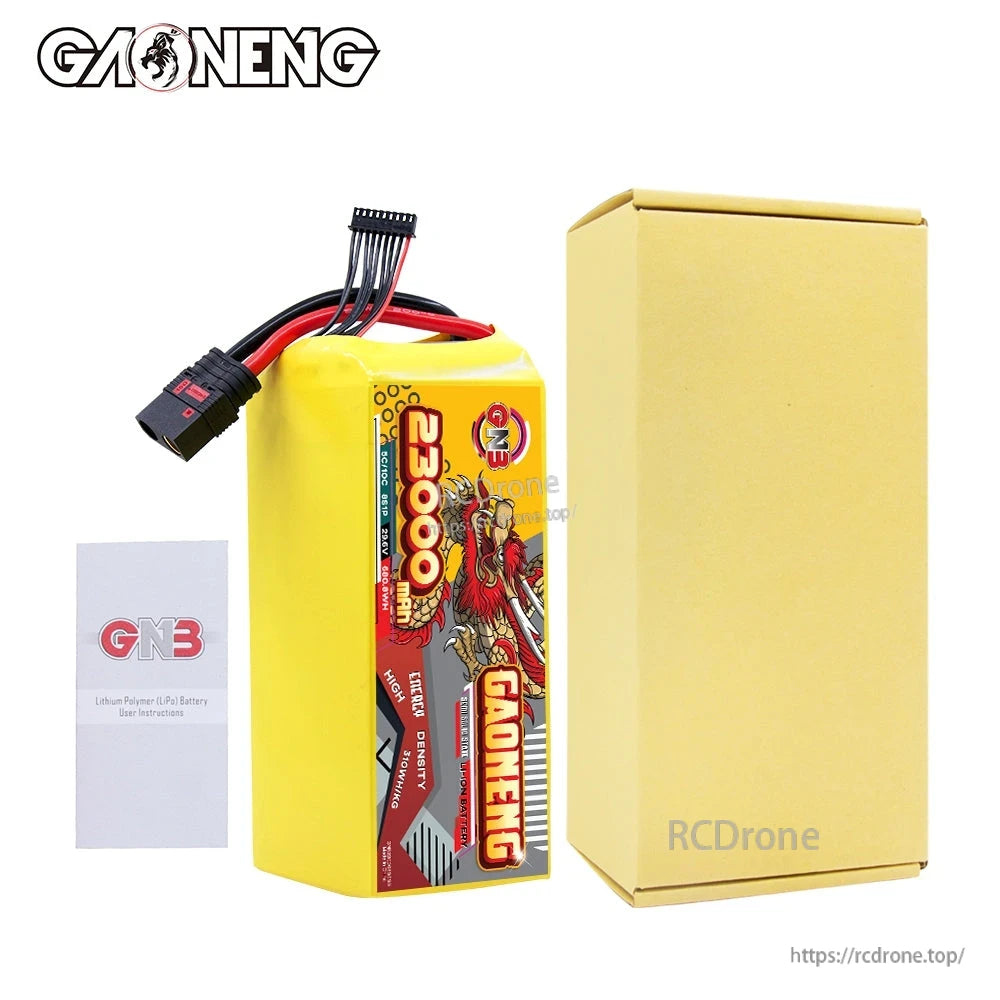 Package contents: GNB 23000mAh battery, cardboard box, and GNB LiPo battery instructions leaflet