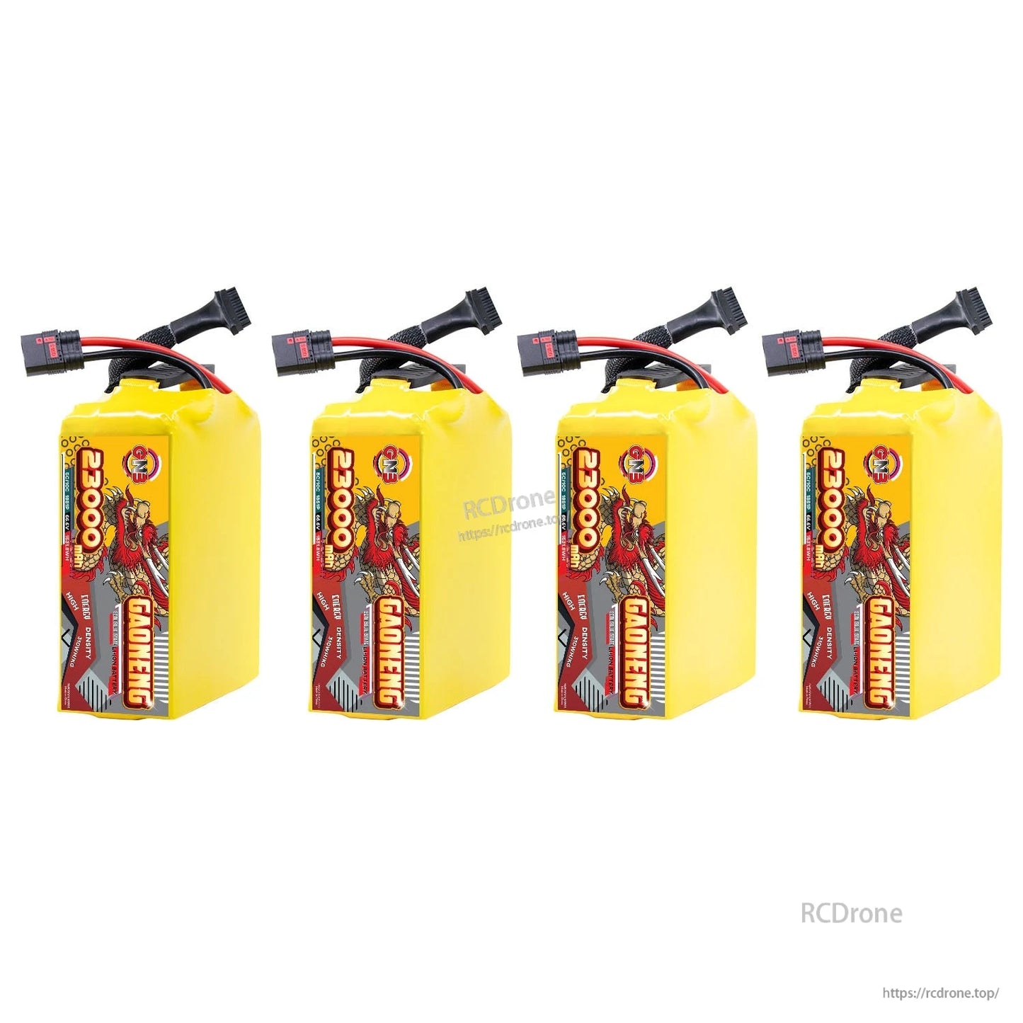 Four GAONENG 23000mAh battery packs upright lineup with QS8 discharge leads