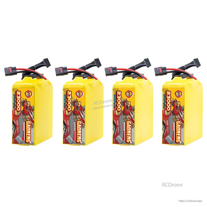 Four GAONENG 23000mAh battery packs upright lineup with QS8 discharge leads