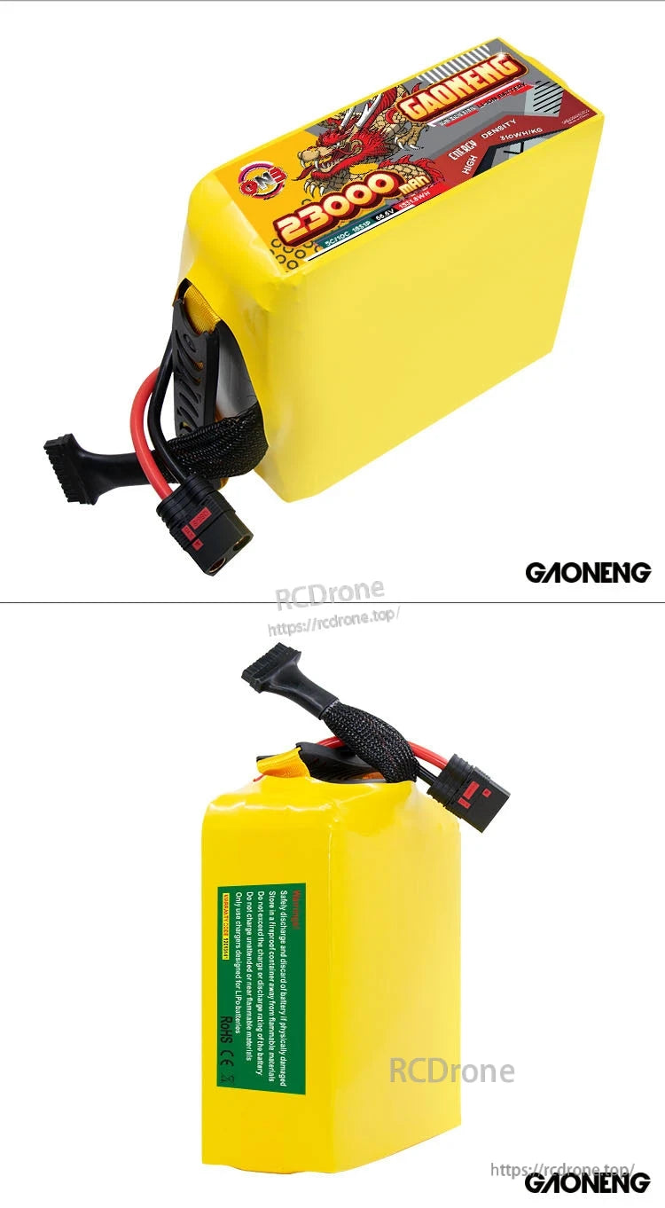 Collage showing top label view and rear label view of the GAONENG battery pack