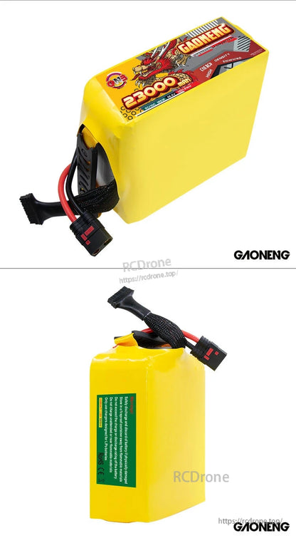 Collage showing top label view and rear label view of the GAONENG battery pack