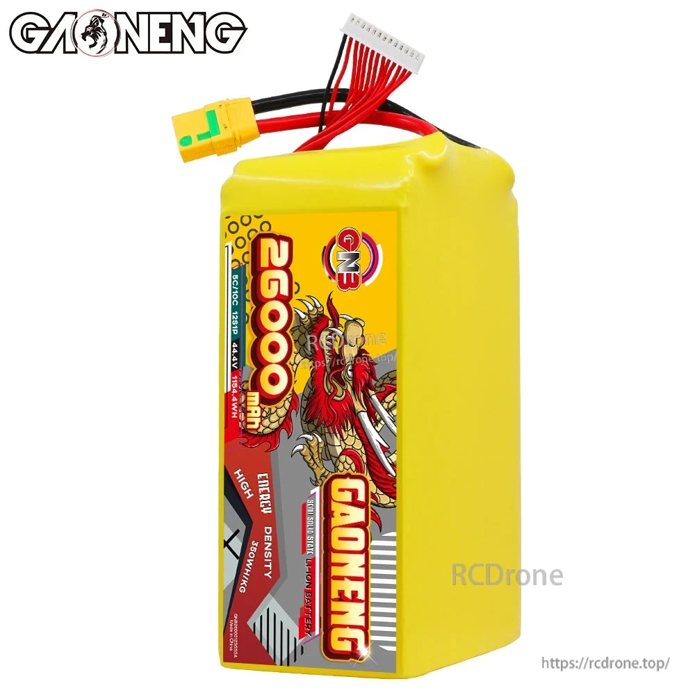 Upright side view of GAONENG 26000mAh battery pack showing label panel and top wiring