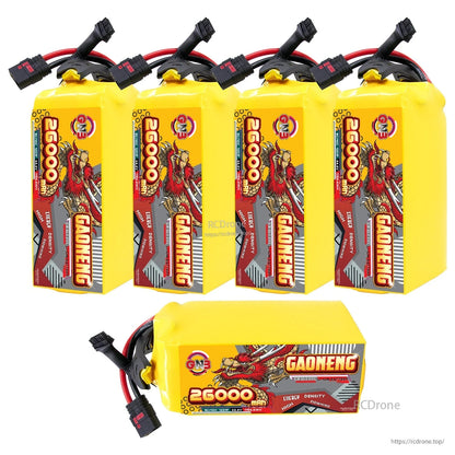 Group photo showing four upright GAONENG 26000mAh packs plus one pack lying flat