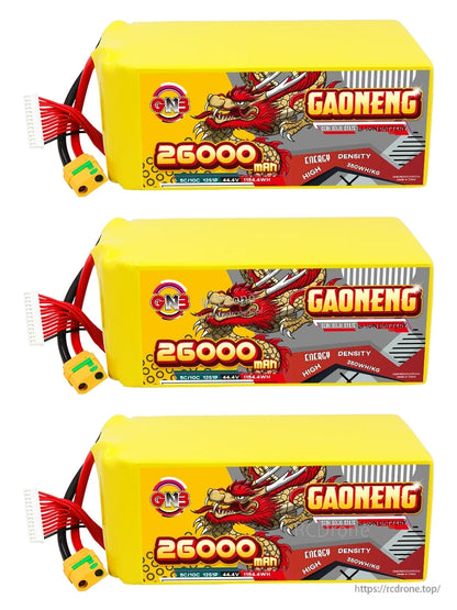 Three GAONENG 26000mAh battery packs shown stacked, front label view with connectors