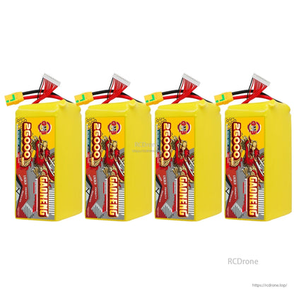 Four GAONENG 26000mAh battery packs shown in a row, upright label view